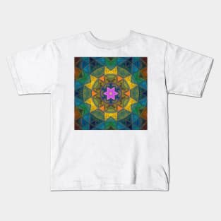 Mosaic Kaleidoscope Flower Yellow Blue and Pink Kids T-Shirt